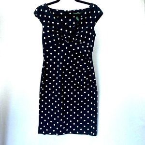 LAUREN‎ RALPH LAUREN Black White Polka Dot Ruched Midi Wrap Stretchy Dress Sz 8P
